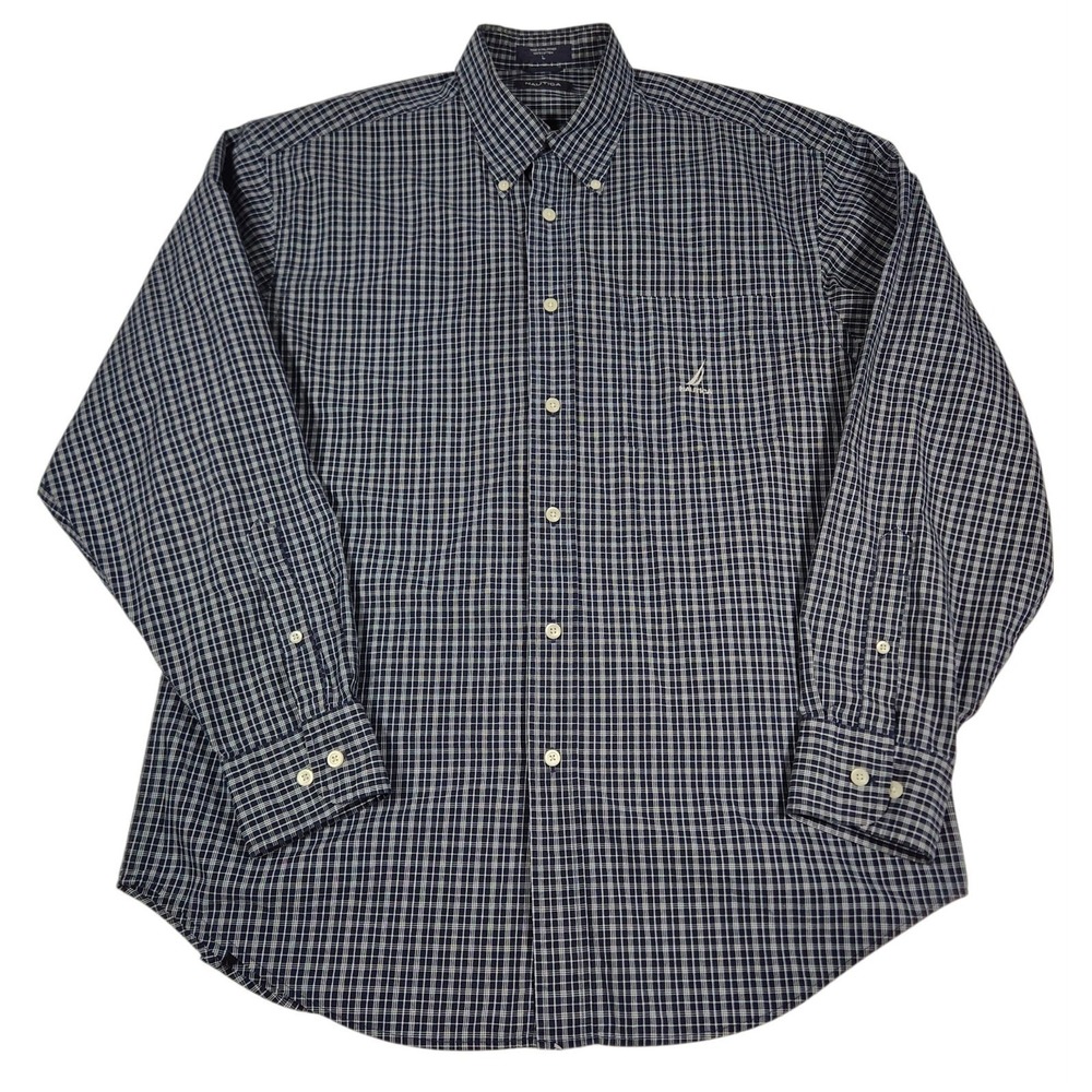 Nautica Mens Large Button Front Shirt Blue White Plaid Cotton Long Sleeve